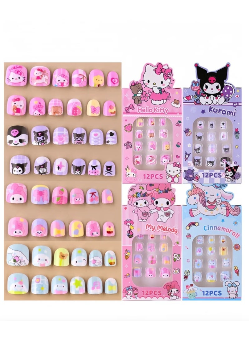 12pcs KT الصحافة على الأظافر للأطفال ، نصائح الأظافر الكاذبة الكرتون لطيف مع أداة مانيكير ، مجموعة تصحيح الأظافر DIY القابلة للإزالة للبنات - Image 5